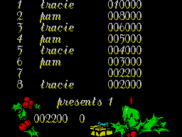 Santa's Xmas Caper (ZX Spectrum) screenshot: Hi-score table After this its back to the load screen to re-play