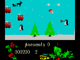 Santa's Xmas Caper (ZX Spectrum) screenshot: I get to shoot snowballs to clear a very busy screen