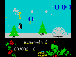 Santa's Xmas Caper (ZX Spectrum) screenshot: That collection of small white circles is what's left of Santa after a crash.