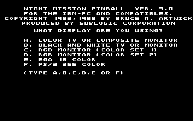Night Mission Pinball (v3.0) (DOS) screenshot: Display selection screen
