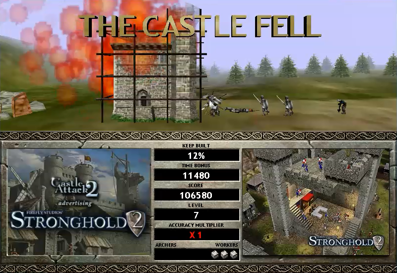 Castle Attack 2 (Windows) screenshot: The lord is dead and the castle is on fire