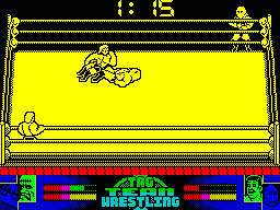 American Tag-Team Wrestling (ZX Spectrum) screenshot: Got him down again. He's weakening - just look at that status bar