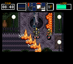 The Firemen (SNES) screenshot: Battling fire outside