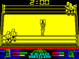 American Tag-Team Wrestling (ZX Spectrum) screenshot: I like the cute figure parading the number of the round. Nice touch