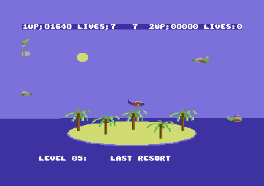 Destructo (Commodore 64) screenshot: There's even an island to sink.