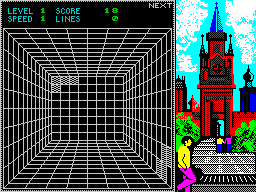 Welltris (ZX Spectrum) screenshot: Block 1 has landed and block 2 starts from a different edge