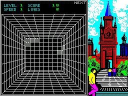 Welltris (ZX Spectrum) screenshot: The blocks can be steered into position. I've moved this one four lines 'up'