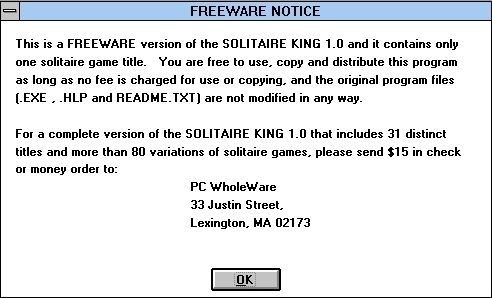 Solitaire King: Accordion (Windows 3.x) screenshot: The game starts by displaying a freeware notice. This is common to most, if not all, Solitaire King games