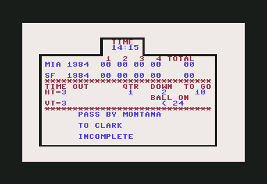 Super Bowl Sunday (Commodore 64) screenshot: After play down stats update