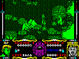 Gauntlet III: The Final Quest (ZX Spectrum) screenshot: Every time I kill a ghost, more pop out of the box. I did this for a while because the ghosts stayed nicely penned up and waited to be shot. There does not seem to be a limit to the ghosts, just my pa