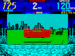 Cisco Heat: All American Police Car Race (ZX Spectrum) screenshot: Replaying in high gear. That bend is a lot harder now. I clipped a bush and this is the resultant crash. In every crash the car flips, does a roll or two and starts again seemingly undamaged