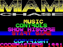 Miami Chase (ZX Spectrum) screenshot: Main menu. The yellow text above the menu items scrolls through the credits