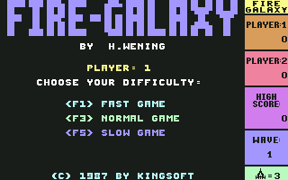 Fire Galaxy (Commodore 64) screenshot: The three difficulty levels