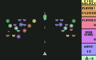 Fire Galaxy (Commodore 64) screenshot: Many enemies at once in wave 15 - just survive.