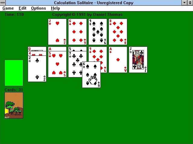 Calculation Solitaire (Windows 3.x) screenshot: The game gets complicated when none of the numbers seem to fit, the waste piles build up rapidly.<br><br>One nice touch is the way the scene on the card back transitions from day to night and back