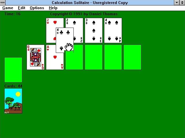 Calculation Solitaire (Windows 3.x) screenshot: A game in progress. Pile two increases in two's so we can put the four of clubs onto the two of spades