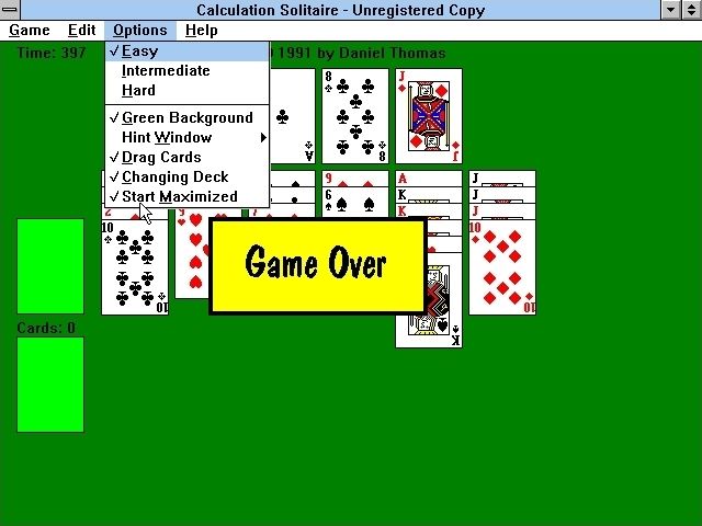 Calculation Solitaire (Windows 3.x) screenshot: Game Over (3) <br>Now it really is over! This shot also shows some of the configuration options