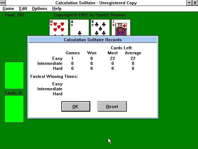 Calculation Solitaire (Windows 3.x) screenshot: Game Over (2)<br>The cumulative game stats are updated and displayed at the end of the game