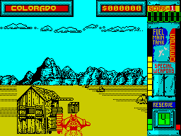 Hydra (ZX Spectrum) screenshot: Start of the game. The virus is in the crate. When its loaded an icon appears in the space between the two screen headings showing Colorado, start point, and the cash earned
