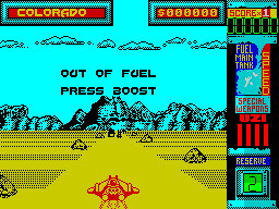 Hydra (ZX Spectrum) screenshot: The chase to recover the virus is on hold as I am out of fuel. There are three tanks so once I have used this reserve I have one more left - then I'll probably need more supplies