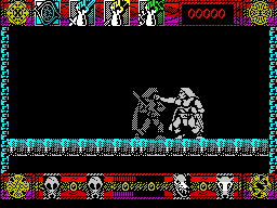 Lone Wolf: The Mirror of Death (ZX Spectrum) screenshot: I've lost another life, indicated by the two dead skulls on the bottom left. Still the new life has given me more health.