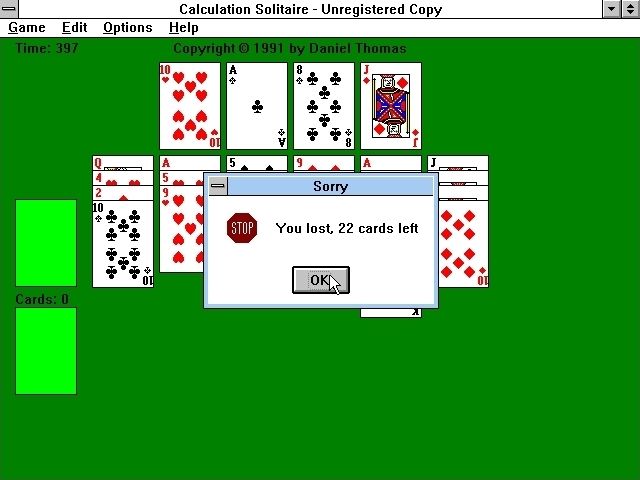 Calculation Solitaire (Windows 3.x) screenshot: Game Over (1)