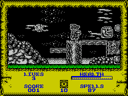 Wizard Willy (ZX Spectrum) screenshot: Floaty things sap Willy's health. Here one on the left has been zapped and one on the right is just about to get zapped
