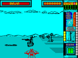 Hydra (ZX Spectrum) screenshot: Just shot a robot but there's still one between me and the thing I'm chasing. They do tend to cluster around it