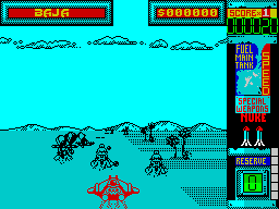 Hydra (ZX Spectrum) screenshot: Yup, three supply balloons so I'll just shoot these robots, pick them up, then take care of that other craft and recover the virus
