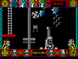 Lone Wolf: The Mirror of Death (ZX Spectrum) screenshot: To progress I must time the leap onto the other lift and avoid being shot by the gargoyle or hitting one of the whirling blade things.