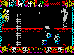 Lone Wolf: The Mirror of Death (ZX Spectrum) screenshot: Successfully past the gargoyle and over the gap, which is randomly filled with a spinning blade. Onwards and upwards.