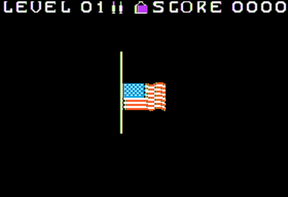 The Diabolical Plot of Doctor Dracupig (Apple II) screenshot: Lose a Life and the Flag is Lowered to Half Mast