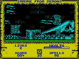 Wizard Willy (ZX Spectrum) screenshot: Here one of the 10 eye icons is about to be collected. The number at the bottom of the screen has dropped to 09 even before Willy's landed