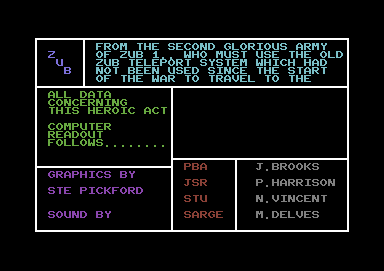 Zub (Commodore 64) screenshot: Text flying across the screen
