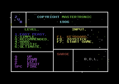 Zub (Commodore 64) screenshot: Main menu