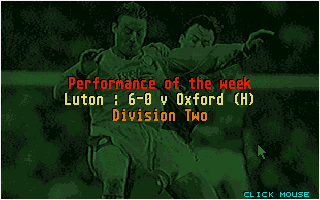 Championship Manager (DOS) screenshot: Viewing the performance of the week. Note: a setup screen allows you to change the background image.