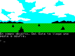 La Aventura Original (ZX Spectrum) screenshot: An open field. From the east comes the smell of sulphur