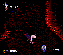 Earthworm Jim 2 (SNES) screenshot: You can only float in this level. Be careful not to touch the edges