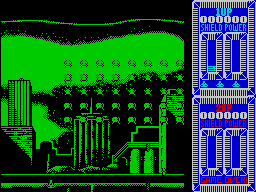 Taito's Super Space Invaders (ZX Spectrum) screenshot: The invaders descend quickly. I've barely got a shot off and look how far down they've come!