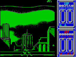 Taito's Super Space Invaders (ZX Spectrum) screenshot: They've nearly landed and I just lost a life. Pretty explosion though