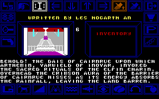 Shard of Inovar (DOS) screenshot: The game starts here in the temple. Messages scroll across the top of the screen, here they confirm the game's authors and then advise where the exits from this place are.