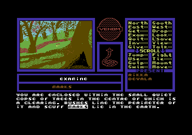 Venom (Commodore 64) screenshot: Here the EXAMINE command has been selected. The game displays it in the pane beneath the artwork and then allows the player to scroll through the text to find something to examine