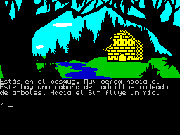 La Aventura Original (ZX Spectrum) screenshot: This is a brick cabin surrounded by trees. To the south a rive flows. Time passes. They do not return.