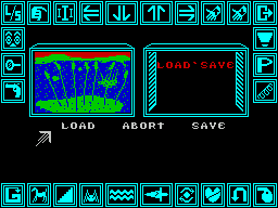 Shard of Inovar (ZX Spectrum) screenshot: The game allows the player to reload, save and abort. The same screen / options are available in the C64 version too