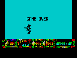 Turrican II: The Final Fight (ZX Spectrum) screenshot: ... bang "Game over"
