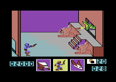 Deceptor (Commodore 64) screenshot: Fighting a fire breathing monster