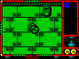 Autocrash (ZX Spectrum) screenshot: The empty cars on the track are used later. When this life is lost / the driver dies, then a new driver starts in one of the empty cars