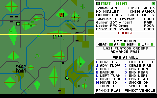 M1 Tank Platoon (DOS) screenshot: Mapboard with Vehicle Data Window (MCGA/VGA)