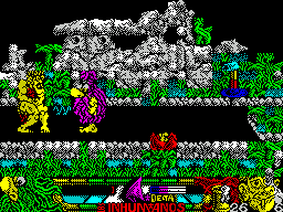 Los Inhumanos (ZX Spectrum) screenshot: The old "boxing glove on a telescopic arm" trick delivers a very low blow.