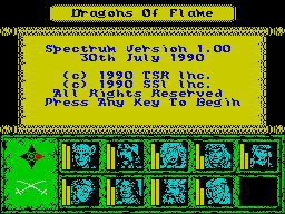 Dragons of Flame (ZX Spectrum) screenshot: Version & copyright info. After this there are many many screens of backstory